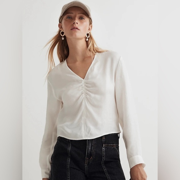 Madewell Tops - MADEWELL White blouse Brushed Ruched-Front Top Minimalist Lightweight Layering